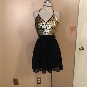 Sexy and adorable gold sequin fit-and flare dress